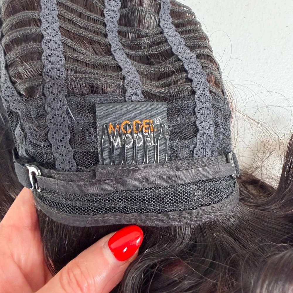 Model Model Human Hair Wig Wavy Bob Dark Brown Lace Front Adjustable Straps